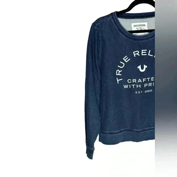 True Religion Sweatshirt Pullover Top Crafted With Pride Logo Blue Stretch S - Picture 2 of 5